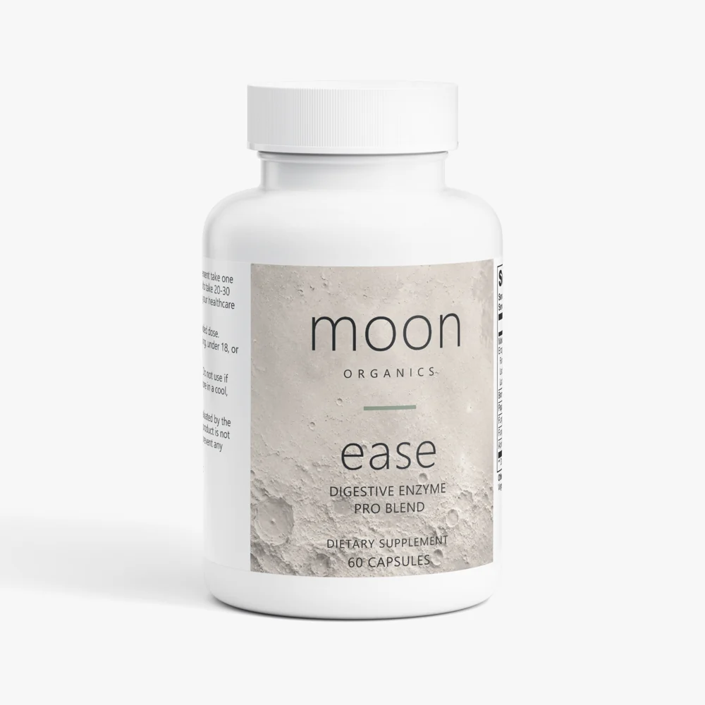 Moon Ease digestive enzyme supplement in a white bottle with a lunar label